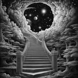 una escalera hacia un cielo estrellado