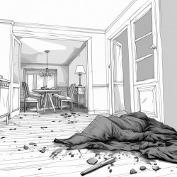 a crime scene in an apartment with a dead body bleeding face up and sprawled over