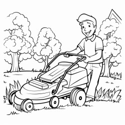 man pushing lawnmower in garden with trees
