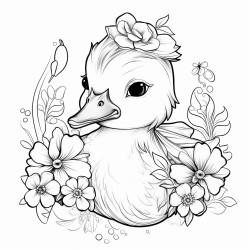 cute baby duck with a cosmo flower on his head clear lines
