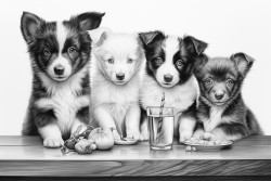 a group of puppies sitting at a table sharing a meal