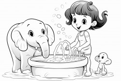 two elephants taking a bath and a girl watching them