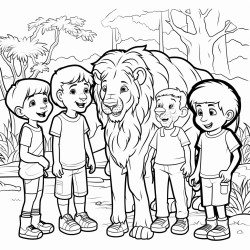 a group of children at the zoo looking at the lions