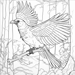 a raven flying through a dark forest carrying a key in its beak