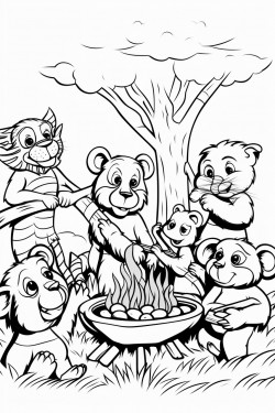 a group of jungle animals including a tiger parrot and monkey dancing around a birthday bonfire