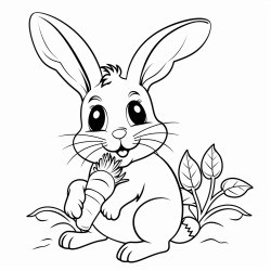 a bunny munching on a big crunchy carrot white image thick black lines and no shading or gradient