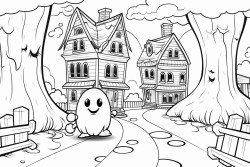 a cute spooky halloween street with two ghosts floating down it