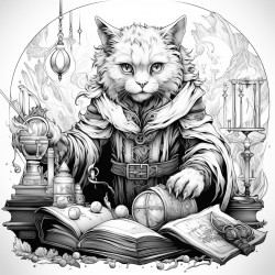 warlock with cat and books in a room with magic artefacts