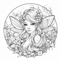 a beautiful elf girl with wings surrounded by beautiful nature delicate flowers large trees coloring page for adults