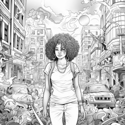 prompt african american woman in the city surrounded by chaos