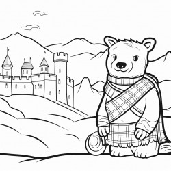 scotland include edinburgh castle a bagpiper a scotch whisky bottle a highland cow and the flag of scotland