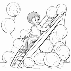 child on slide with balloons