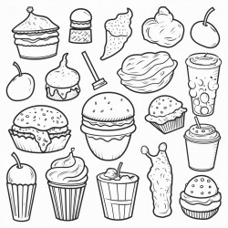 doodle of various food including cupcakes ice cream burger vegetables drink