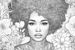 african american woman surrounded by flowers and intricate pattern with a blank space to write bible verse