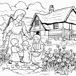 mother with 5 children weeding a garden in an old english countryside next to cobbled cottage with thatched roof