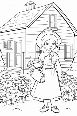 cottage with vegetable garden with flowers and a woman in a dress