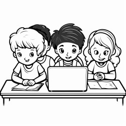 students in class sitting in a group using a laptop and writing on paper