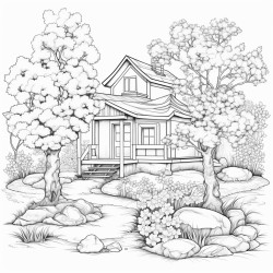wellwatered garden with cherry blossom in the background and a cottage