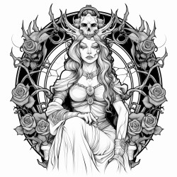 a gothic queen on her throne wearing a crown of thorns surrounded by black roses