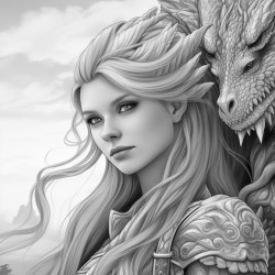 a young woman with a long braid standing next to a dragon