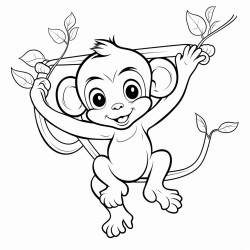 bw coloring book page baby monkey  swinging from a vine line art solid white background