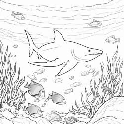 coloring page in black and white with a white shark swimming in between corals and various fishes with no grey or blue areas in the picture