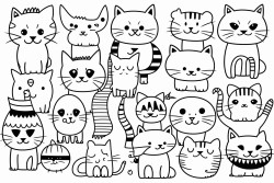 create a collection of playful cartoon cats depicted in various dynamic poses include additional elements such as paw prints fish bones and bows scattered around the cats