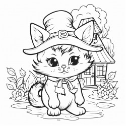 witchy cute cat in a cottage house