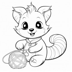 cartoon red panda playing with a ball of yarn