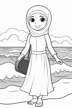 summer coloring pages of a hijabi girl at a beach wearing a burkini