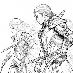 página para colorir female elf archer with fishtail braid in light armor fighting with male elf in armor holding sword in each hand