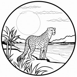 sunset coluring page over the ocean with a cheetah on the beach with a palm tree