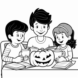 a family of pumpkins reading a newspaper while drinking coffee
