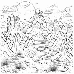 a cosmic landscape with towering mountains floating islands and alien flora
