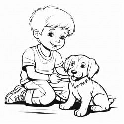 black and white coloring book drawing only thick outlines no grayscale of a child playing with a dog