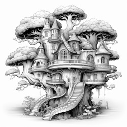 mushroom tree house with flying unicorns