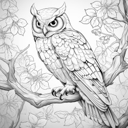 coloring page owl perched on a tree branch with leaves around no shading high details thick lines
