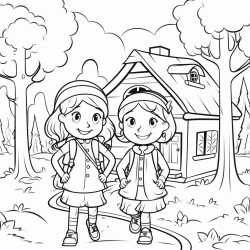 two women in forest with cottage in background