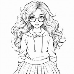 make a cute girl with a chubby figure long wavy hair glasses and has a long skirt with a sweater
