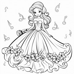 wedding dress coloring pages of a young girl with floral notes
