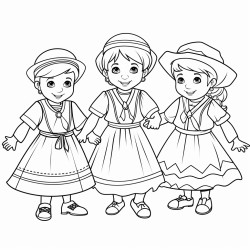 create a coloring page for   featuring our children who dance in traditional ukrainian attire the scene should include joyful and energetic boys dressed as cossacks and girls in beautiful ukrainian dresses
