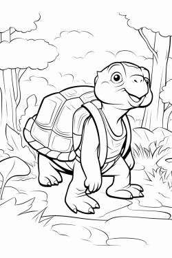 turtle is in a forest with trees his backpack lies on the ground mouse named milo stands nearby
