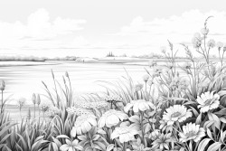 purple field of flowers with blue sky and close