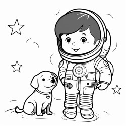 a simple almost clipart like of a kid astronaut and her dog in space