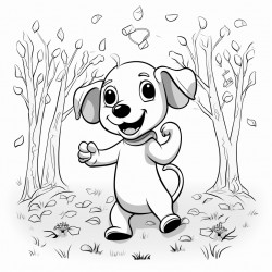 a dog dancing with music notes in a forest
