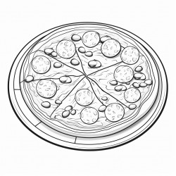 black and white coloring book drawing only thick outlines no grayscale for children in cartoon style pizza with toppings