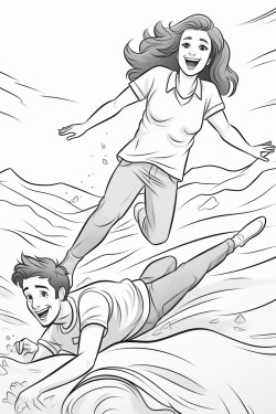 a young woman falling down a sand dune while her boyfriend chases her and laughs