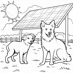 a border collie and a sheep under a solar panel in a field