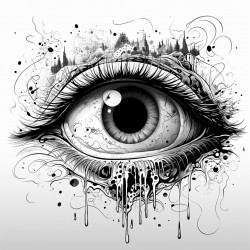 an eye with a cool design surrounding it and splatter marks tattoo
