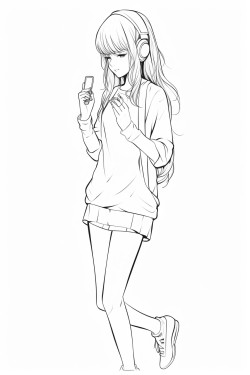 a black line drawing of a girl teenager holding her phone suitable for a coloring book no background no color